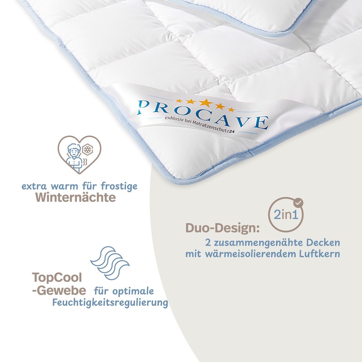 PROCAVE TopCool kochfeste Qualitäts-Duo-Winterdecke Infografik — Duo-Design mit wärmeisolierendem Luftkern, extra warm für frostige Winternächte, TopCool-Feuchtigkeitsregulierung