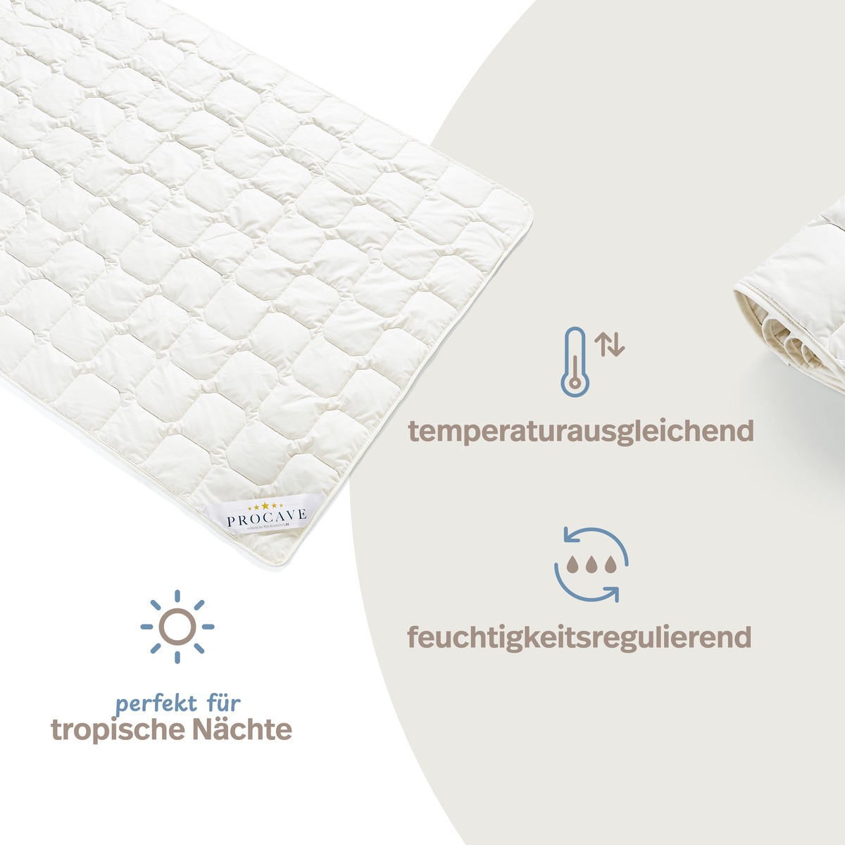 PROCAVE Wildseide Exquisit Qualitäts-Bettdecke für den Sommer — Infografik: temperaturausgleichend, feuchtigkeitsregulierend, perfekt für tropische Nächte