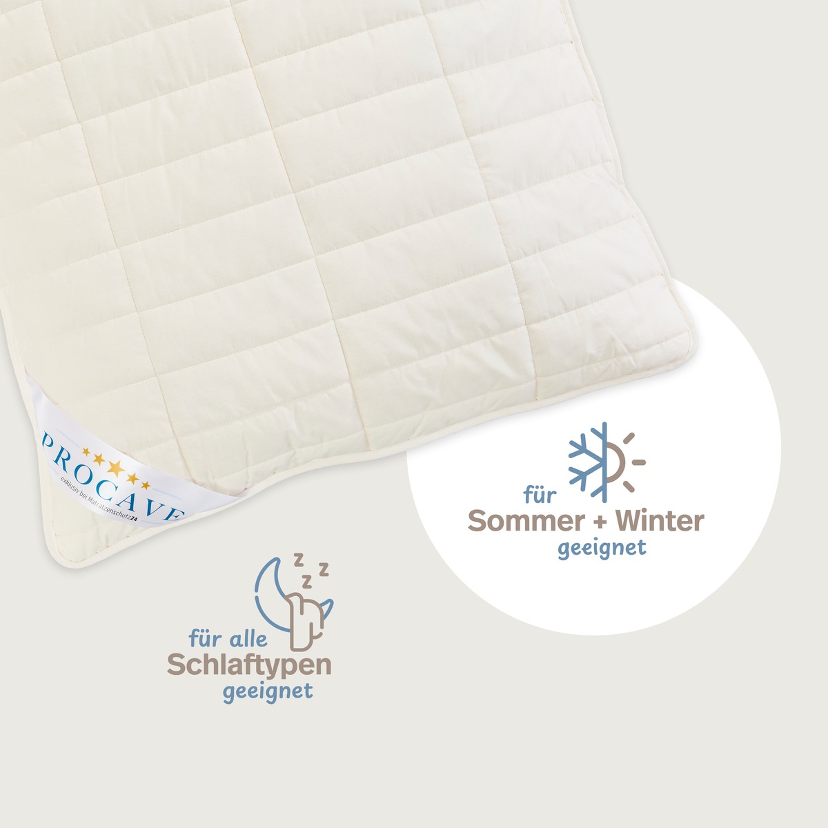 PROCAVE NATUR Schurwolle Kopfkissen mit Zirben-Späne — Infografik: für alle Schlaftypen geeignet, für Sommer und Winter geeignet