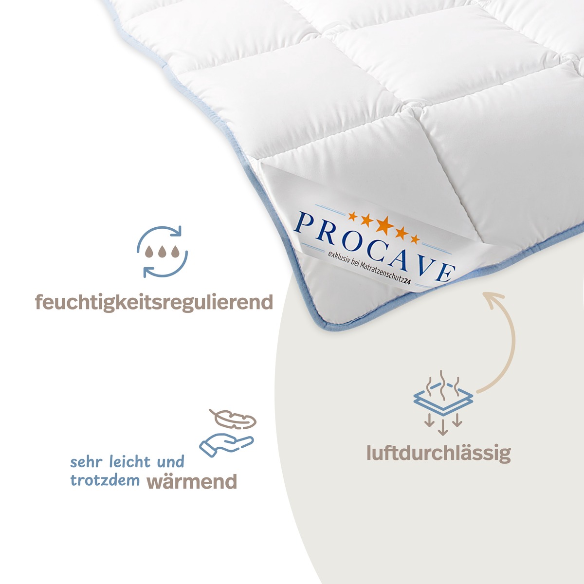 PROCAVE TopCool kochfeste Qualitäts-Ganzjahresdecke, Infografik mit Icons — feuchtigkeitsregulierend, luftdurchlässig, sehr leicht und wärmend zugleich
