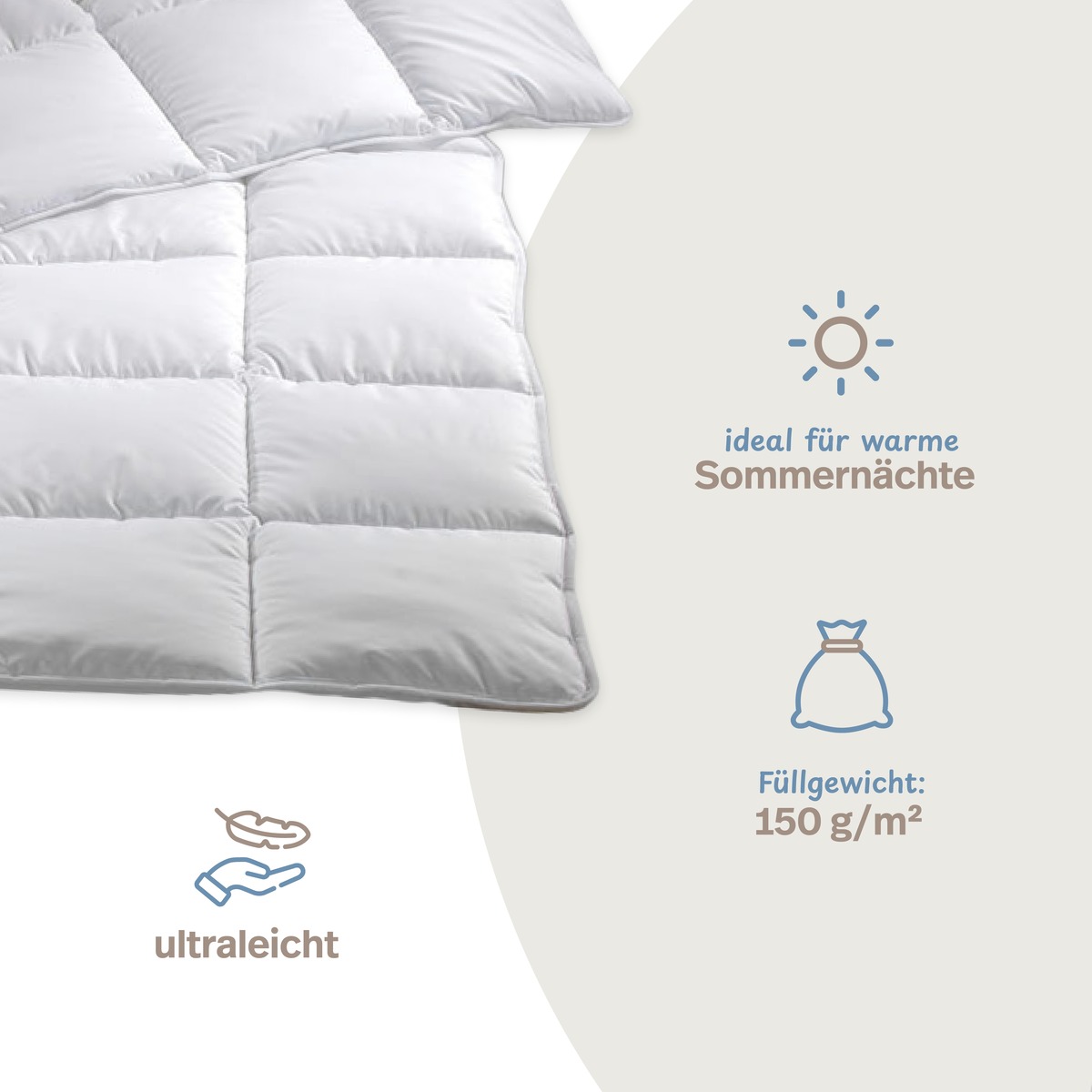 PROCAVE MICRO-COMFORT Sommerdecke mit Infografik — ultraleicht, ideal für warme Sommernächte, Füllgewicht 150 g/m²