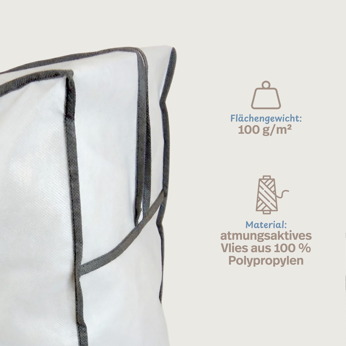 PROCAVE Aufbewahrungstasche für Decken-Kissen-Bettwaren — Infografik: Flächengewicht 100 g/m², Material atmungsaktives Vlies aus 100 % Polypropylen