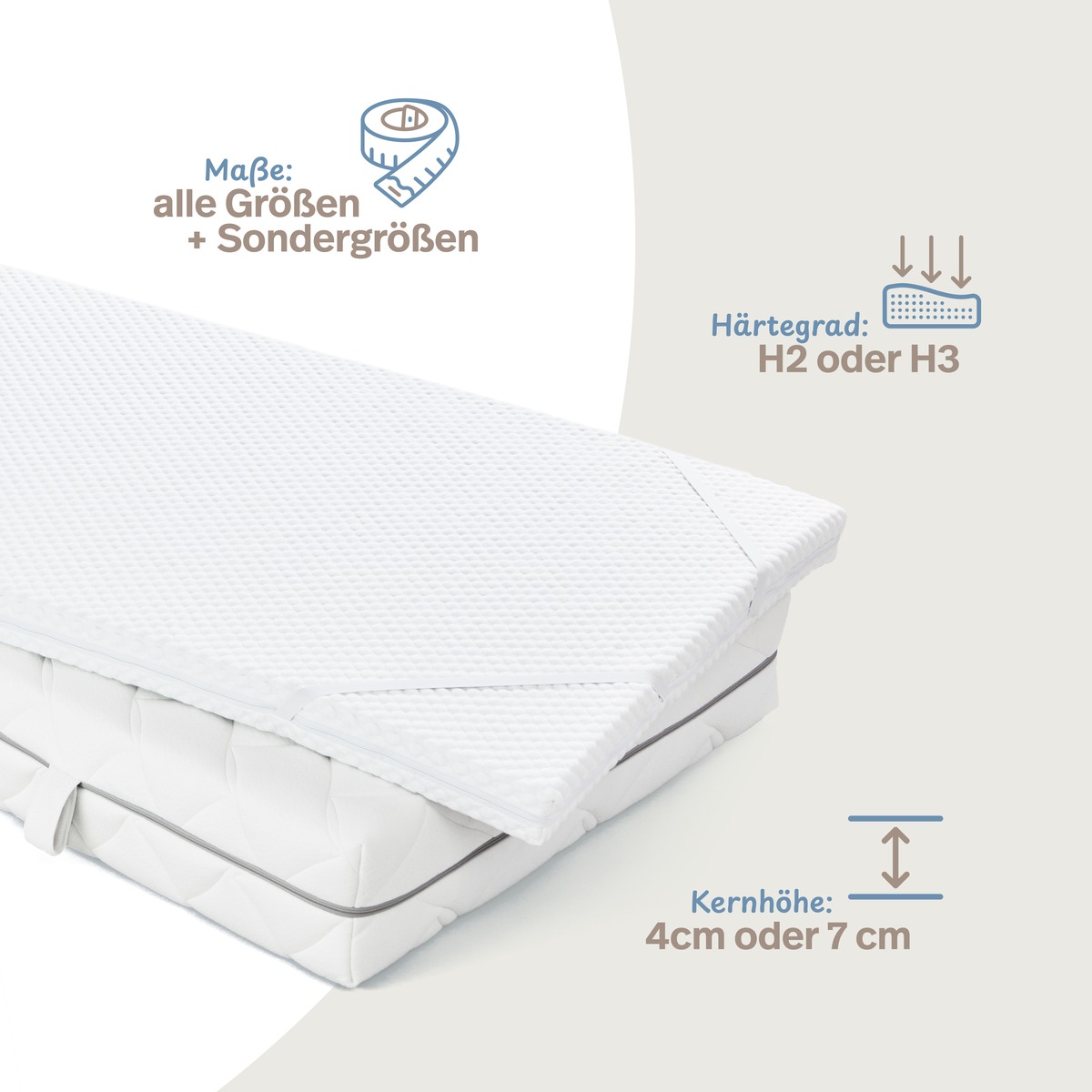 PROCAVE Kaltschaumtopper Classic — Infografik zeigt Größen und Varianten: Härtegraden H2 oder H3, Kernhöhen 4 cm oder 7 cm, alle Größen plus Sondermaße
