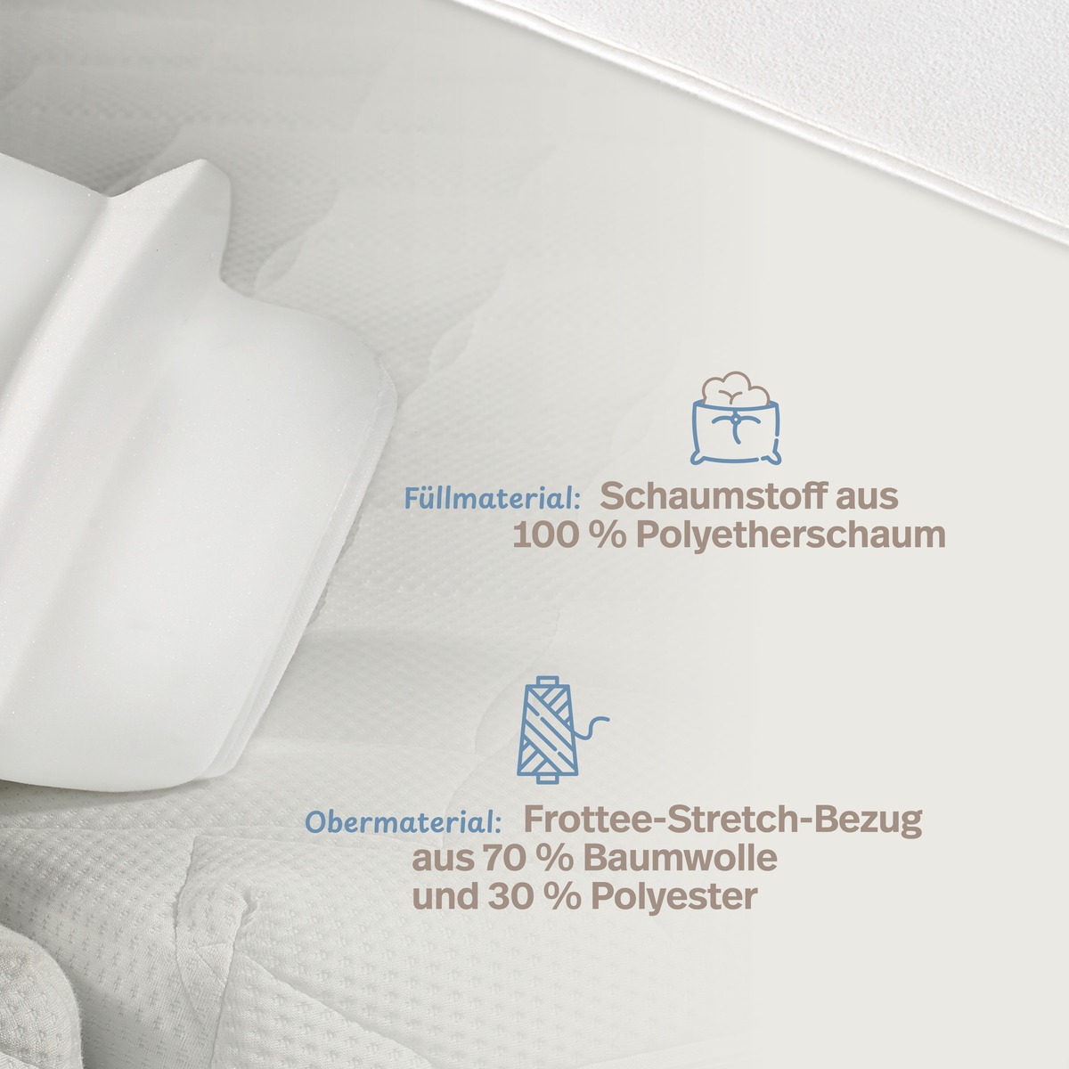 PROCAVE Doppelbettbrücke mit Frottee-Bezug — Infografik: Obermaterial Frottee-Stretch-Bezug aus 70 % Baumwolle und 30 % Polyester, Füllmaterial 100 % Polyetherschaum