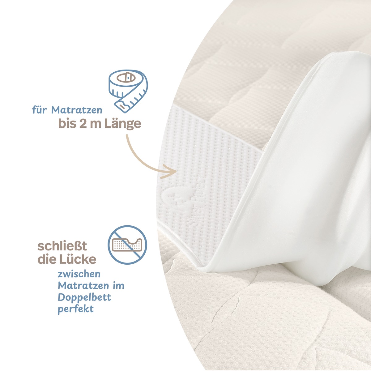 PROCAVE Liebesbrücke mit Silver-Protect-Bezug — Infografik: für Matratzen bis 2 m Länge, schließt die Lücke zwischen Matratzen im Doppelbett