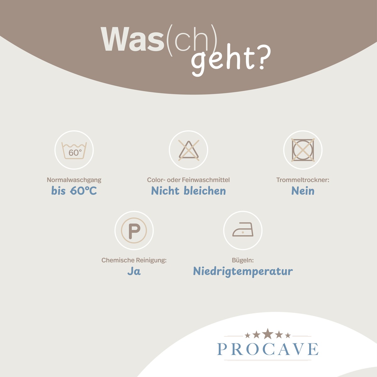 PROCAVE AloeVera Matratzenbezug unversteppt — Pflegesymbole: Normalwaschgang bis 60 °C, nicht bleichen, kein Trockner, Chemische Reinigung möglich, Bügeln nicht geeignet