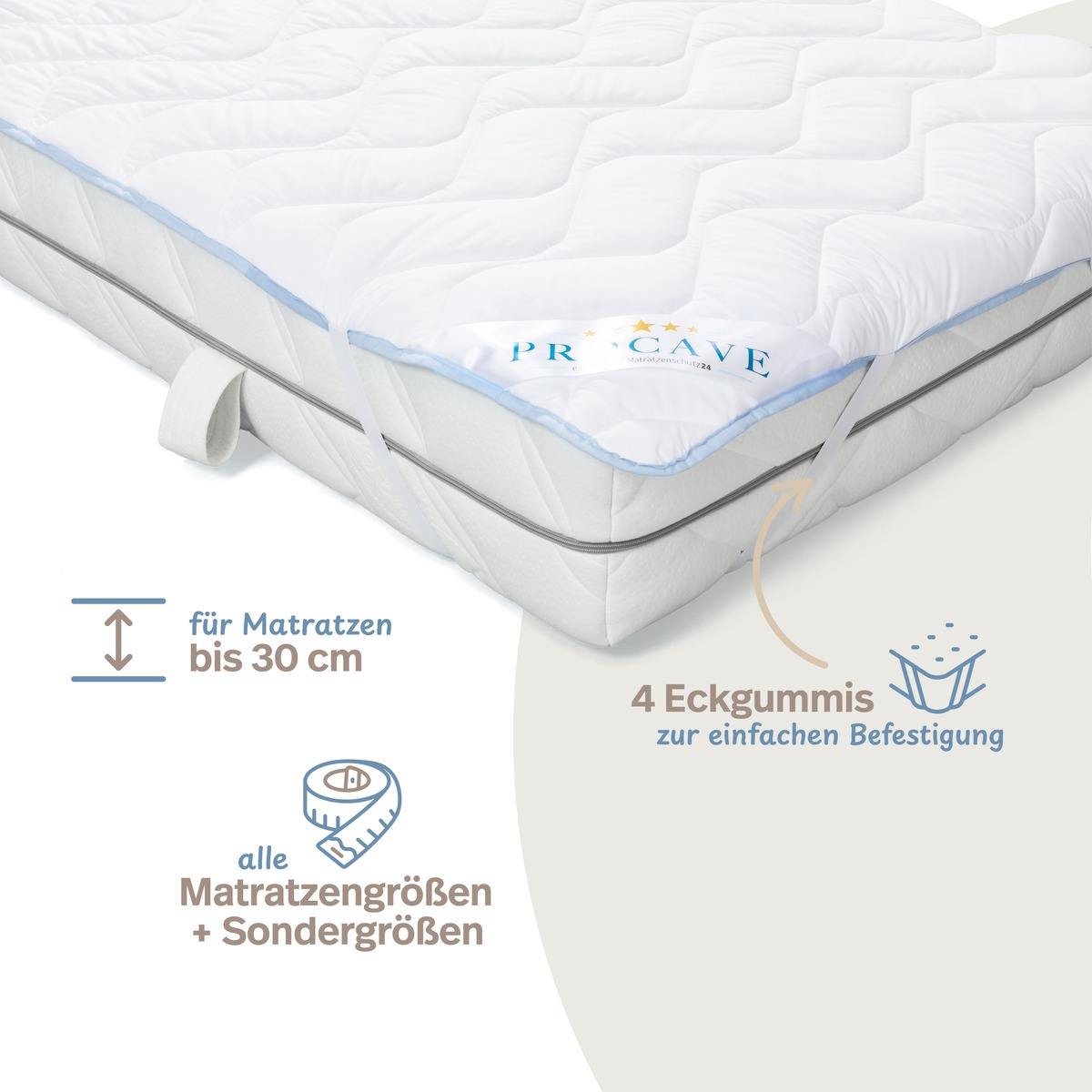 PROCAVE leichtes Unterbett TopCool — Eckgummi-Detail auf Matratze, Infografik: für Matratzen bis 30 cm, 4 Eckgummis zur einfachen Befestigung, alle Matratzengrößen und Sondergrößen
