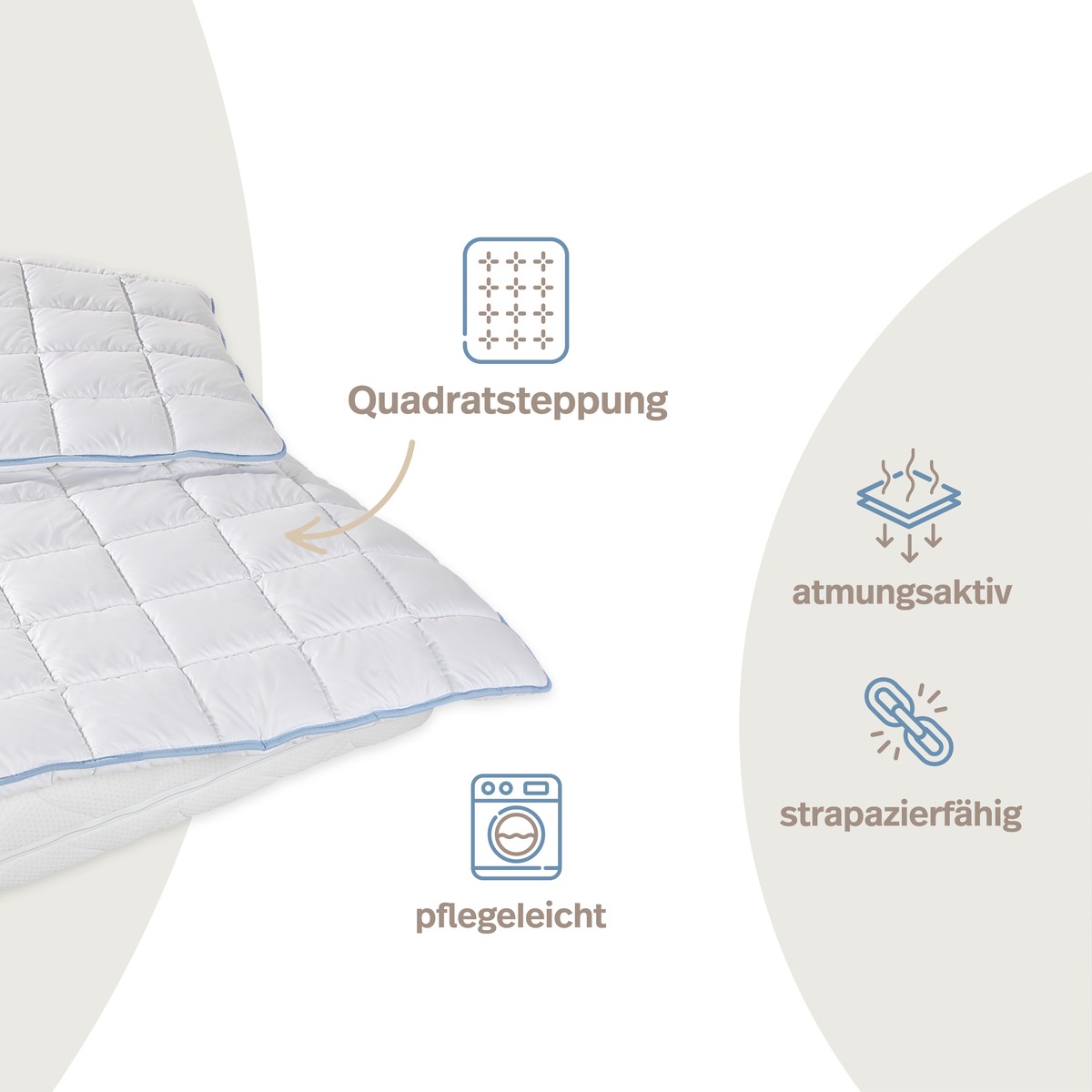 PROCAVE TopCool kochfeste Qualitäts-Duo-Winterdecke Infografik — Quadratsteppung für gleichmäßige Füllung, atmungsaktiv, strapazierfähig und pflegeleicht