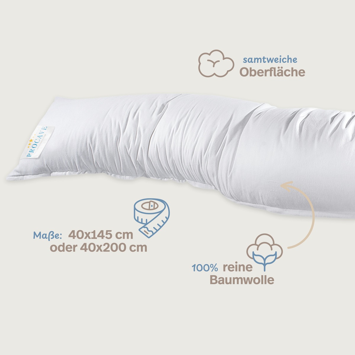 PROCAVE Feinflanell Schutzbezug für Seitenschläferkissen — Infografik: samtweiche Oberfläche, 100% reine Baumwolle, Maße 40x145 cm oder 40x200 cm