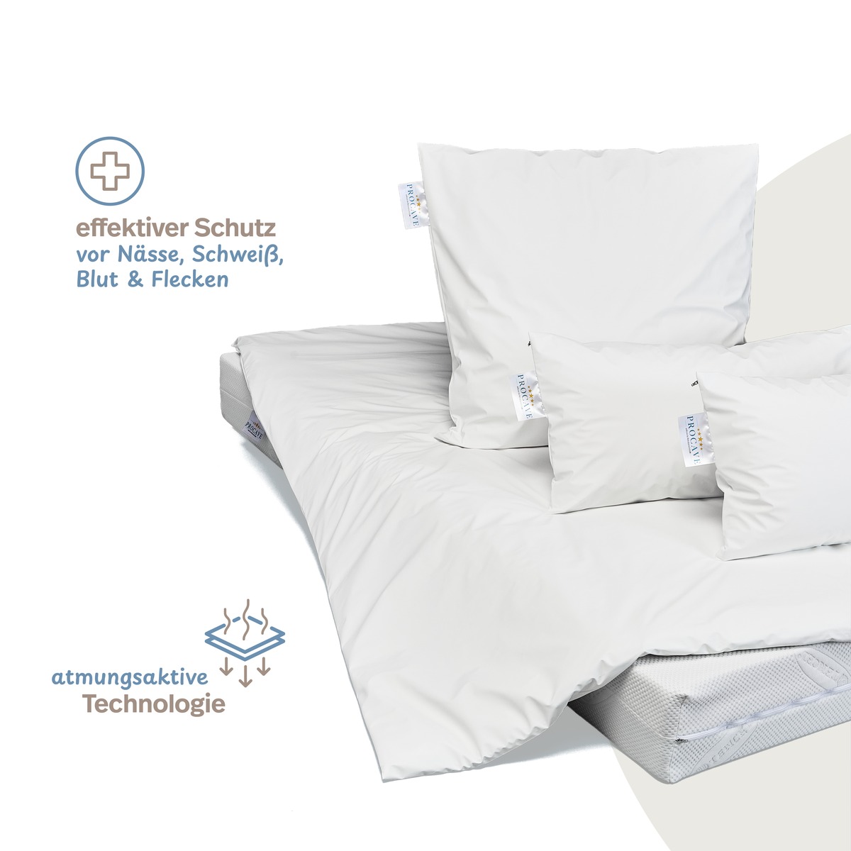 PROCAVE wasserdichter Kissenbezug abwischbar in weiß — Bett mit PROCAVE Kissen und Matratzenschutz, Icons: effektiver Schutz vor Nässe, Schweiß, Blut und Flecken, atmungsaktive Technologie