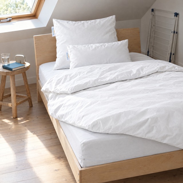 Bett im Dachzimmer mit weißen ALLERGENA Encasing-Bezügen aus Evolon für Matratze, Bettdecke und zwei Kissen