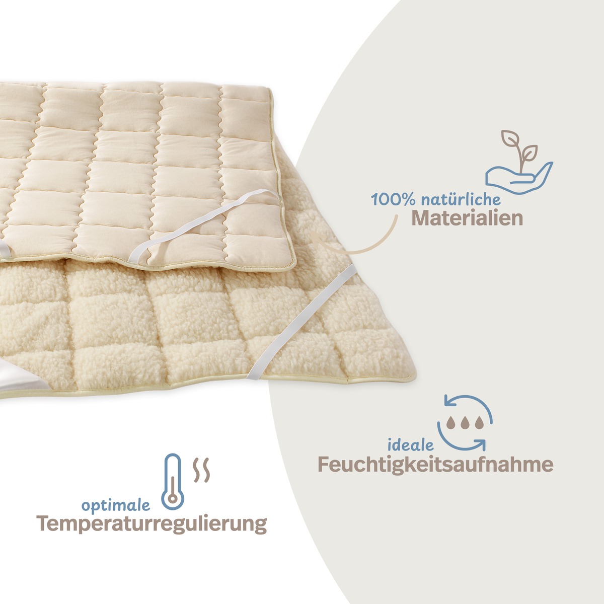 PROCAVE Matratzenschoner NATUR Lammflor Infografik — 100% natürliche Materialien, optimale Temperaturregulierung, ideale Feuchtigkeitsaufnahme