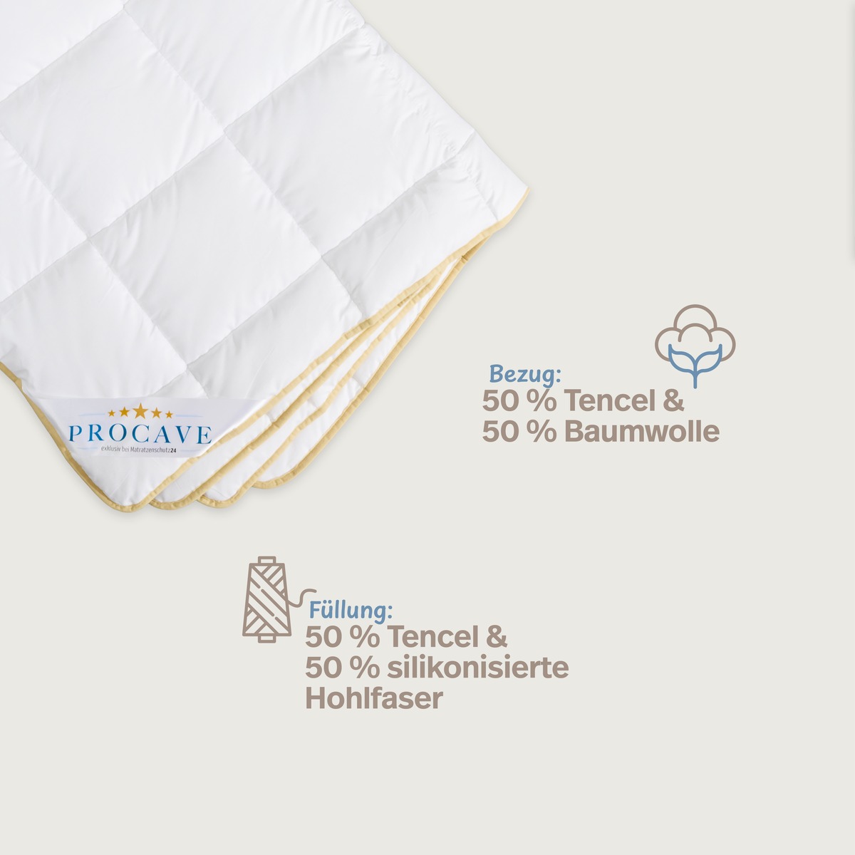 PROCAVE Tencel Qualitäts-Ganzjahresdecke Infografik — Bezug 50 % Tencel und 50 % Baumwolle, Füllung 50 % Tencel und 50 % silikonisierte Hohlfaser