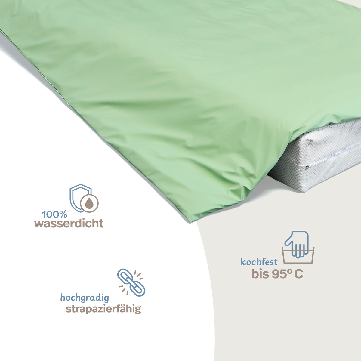 PROCAVE wasserdichter Inkontinenz Bettdeckenbezug grün — Infografik: 100% wasserdicht, kochfest bis 95°C, hochgradig strapazierfähig