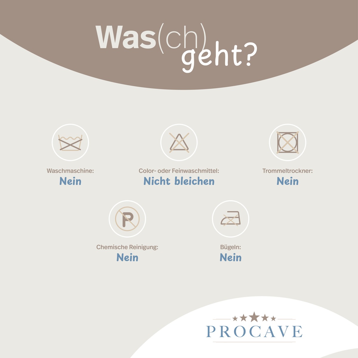 PROCAVE NATUR Schurwolle Ganzjahresdecke mit Zirben-Sp&auml;ne &mdash; Pflegesymbole: nicht maschinenwaschbar, nicht bleichen, kein Trommeltrockner, keine chemische Reinigung, nicht b&uuml;geln