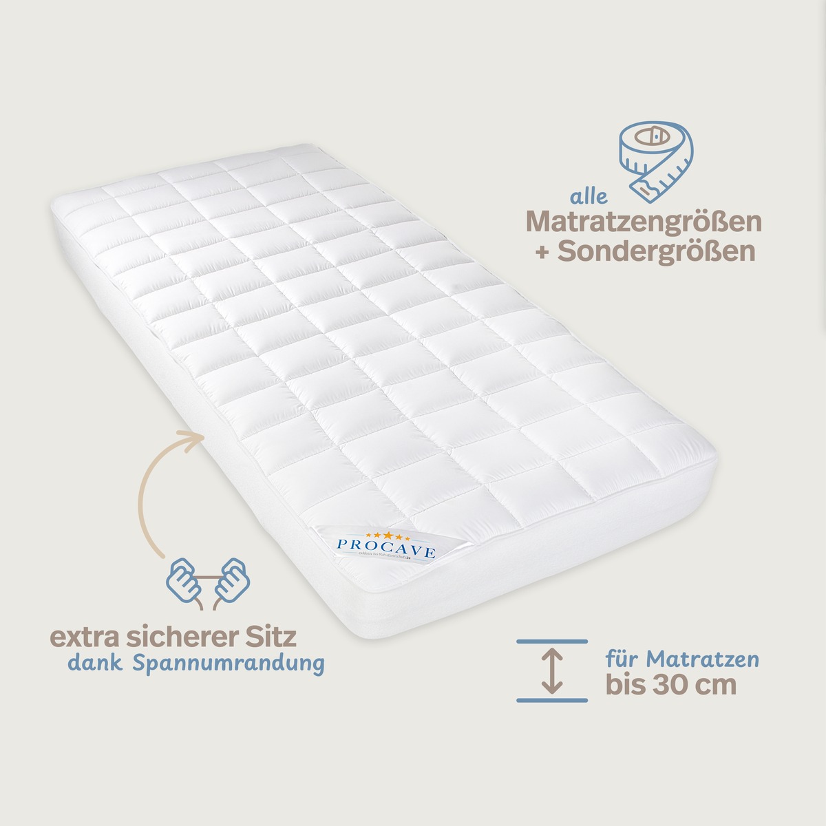 PROCAVE MICRO-COMFORT Matratzenschoner mit Spannumrandung, Infografik — extra sicherer Sitz dank Spannumrandung, geeignet für Matratzen bis 30 cm, alle Standardgrößen und Sondergrößen