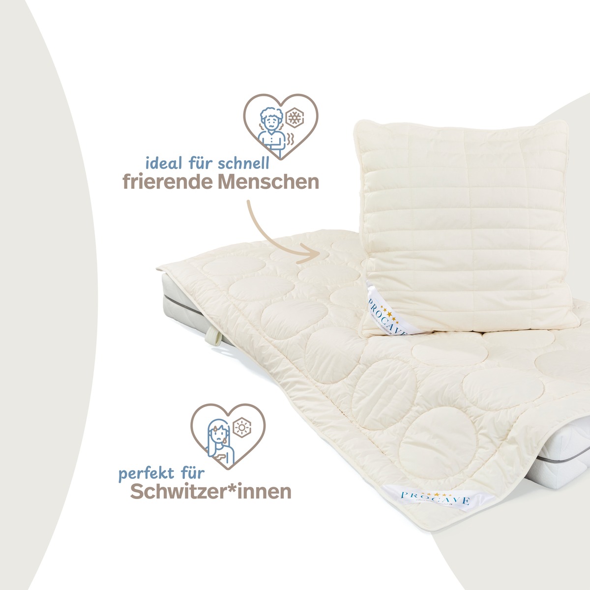 PROCAVE NATUR Schurwolle Kopfkissen mit Zirben-Späne — Kopfkissen und Naturdecke auf dem Bett: ideal für schnell frierende Menschen, perfekt für Schwitzer*innen