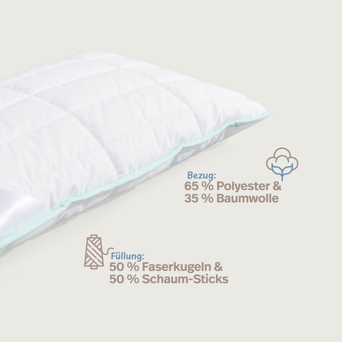PROCAVE ALLERGENA Kopfkissen f&uuml;r Allergiker &mdash; Infografik: Bezug 65% Polyester und 35% Baumwolle, F&uuml;llung 50% Faserkugeln und 50% Schaum-Sticks