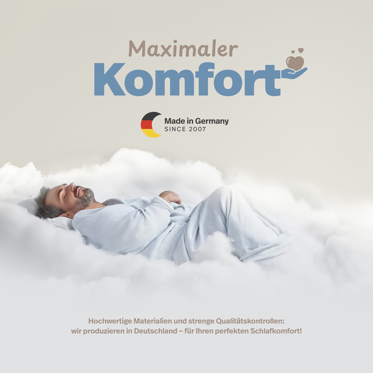 PROCAVE Kaltschaumtopper Premium — schlafender Mann auf Topper mit Text: Maximaler Komfort, Made in Germany since 2007, hochwertige Materialien und Qualitätskontrollen