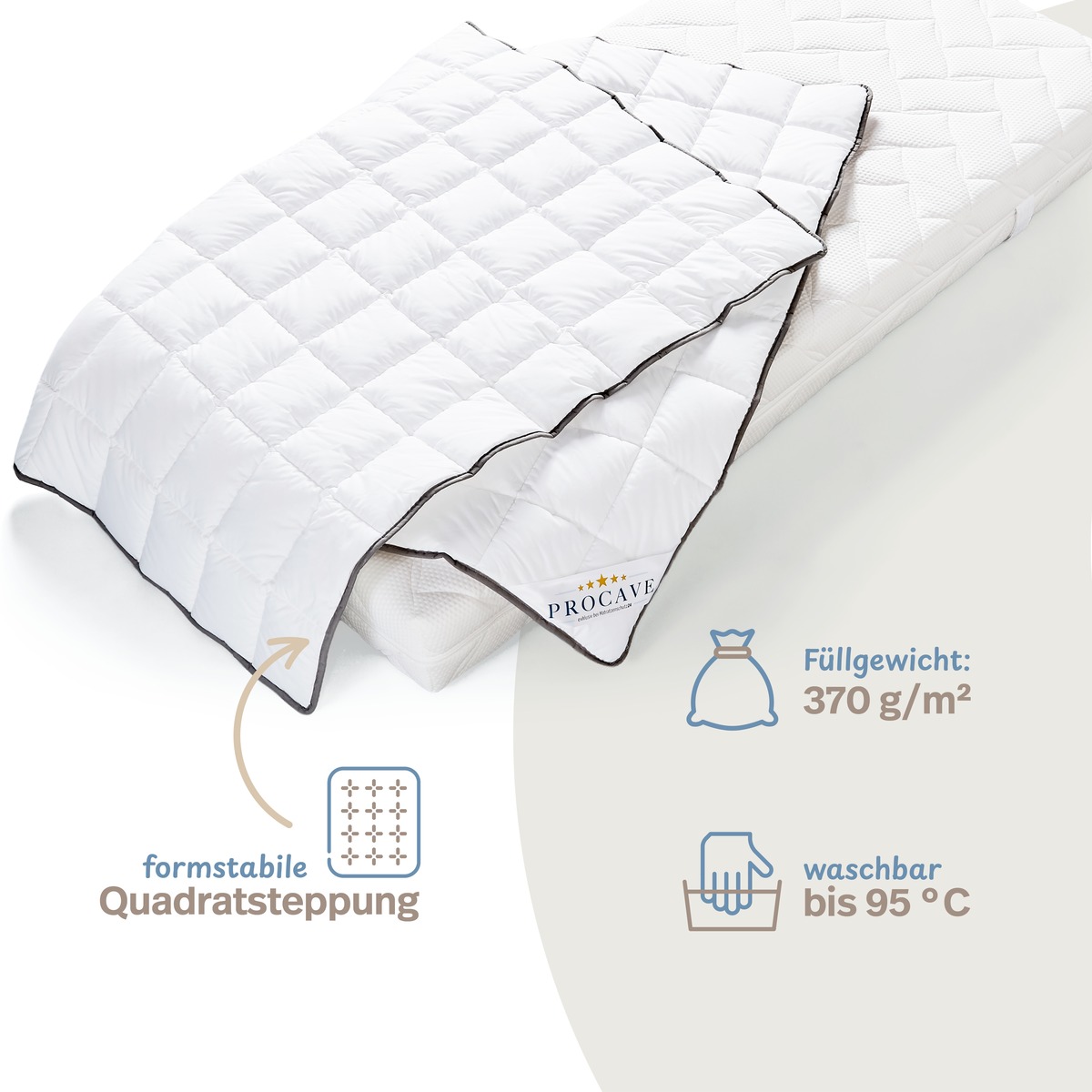PROCAVE OBJEKT Bettdecke kochfest Hotel-Qualität — Infografik: formstabile Quadratsteppung, Füllgewicht 370 g/m², waschbar bis 95 °C