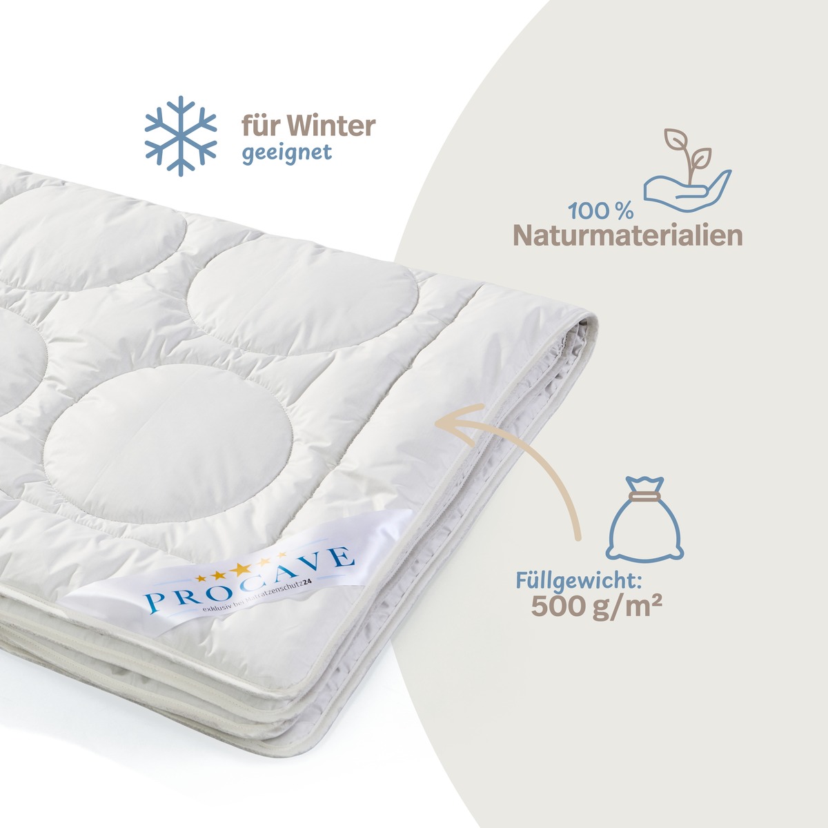 PROCAVE NATUR Kamelhaar Exquisit Winterbettdecke — Infografik: für Winter geeignet, 100 % Naturmaterialien, Füllgewicht 500 g/m²