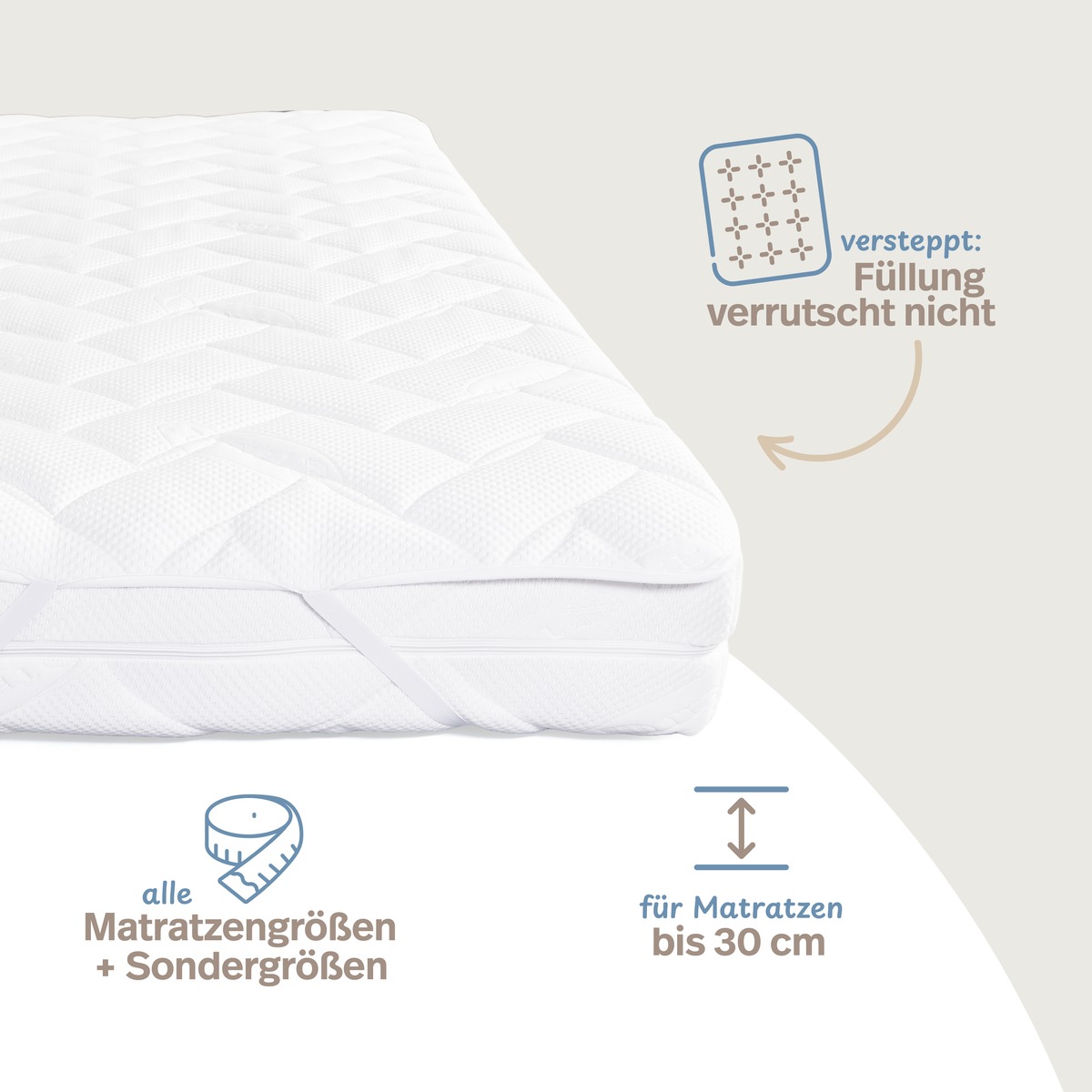 PROCAVE Matratzenauflage Lyocell-Doppeltuch — Infografik: alle Matratzengrößen und Sondergrößen, für Matratzen bis 30 cm, Füllung verrutscht nicht durch Steppung