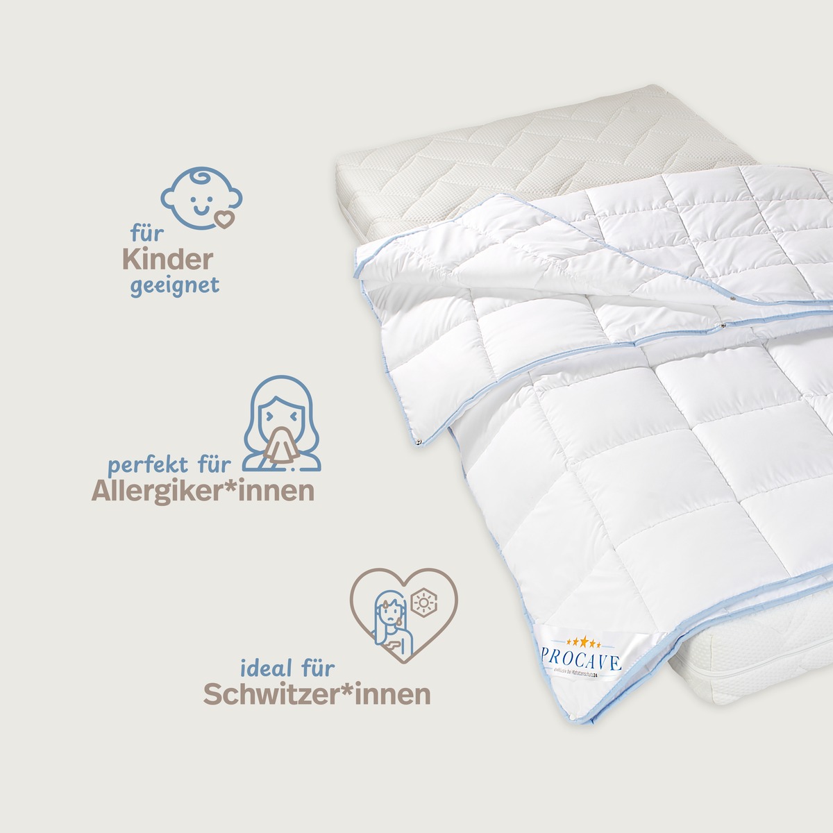 PROCAVE TopCool kochfeste Qualitäts-4-Jahreszeitendecke mit Druckknöpfen — Infografik: geeignet für Kinder, Allergiker*innen und Schwitzer*innen