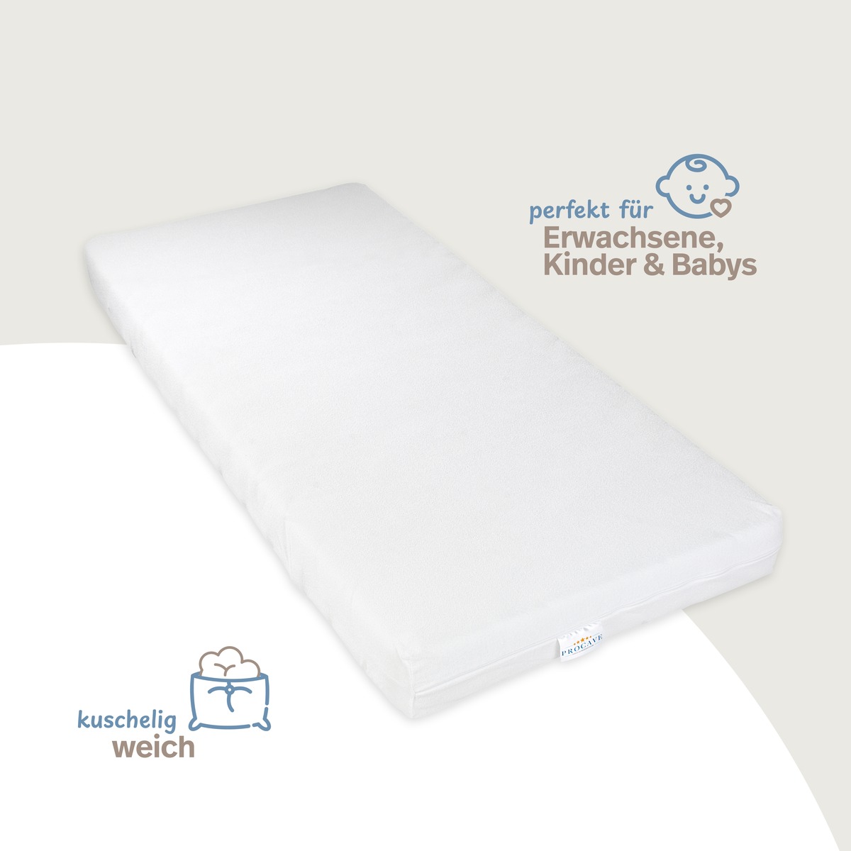 Weißer PROCAVE Matratzenbezug Frottee-Stretch, unversteppt, mit glatter Oberfläche und zwei Produkt-Highlights: perfekt für Erwachsene, Kinder und Babys sowie kuschelig weich.