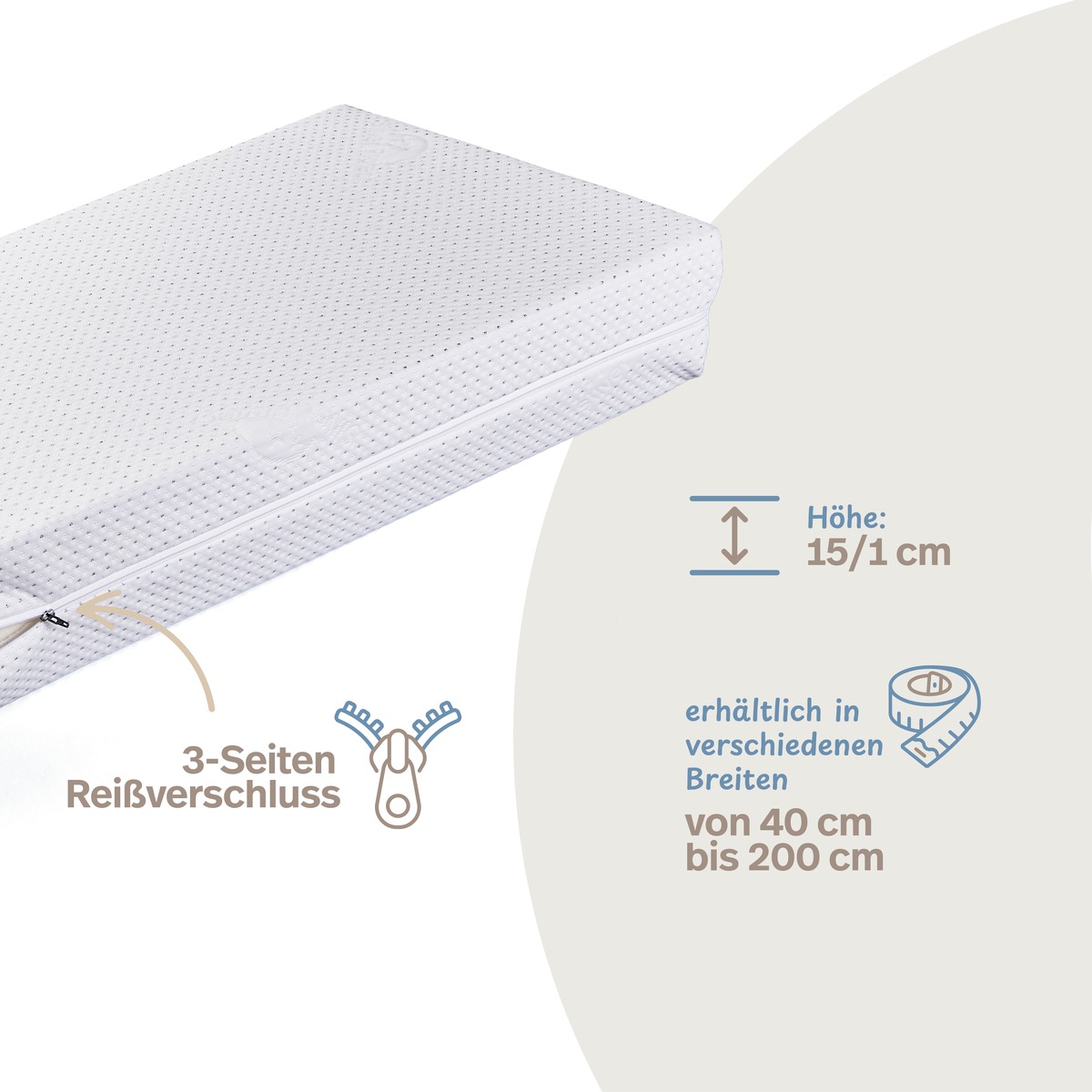 PROCAVE Bettkeil mit Silver Protect-Doppeltuch-Bezug — Infografik: 3-Seiten-Reißverschluss, Höhe 15/1 cm, erhältlich in Breiten von 40 bis 200 cm