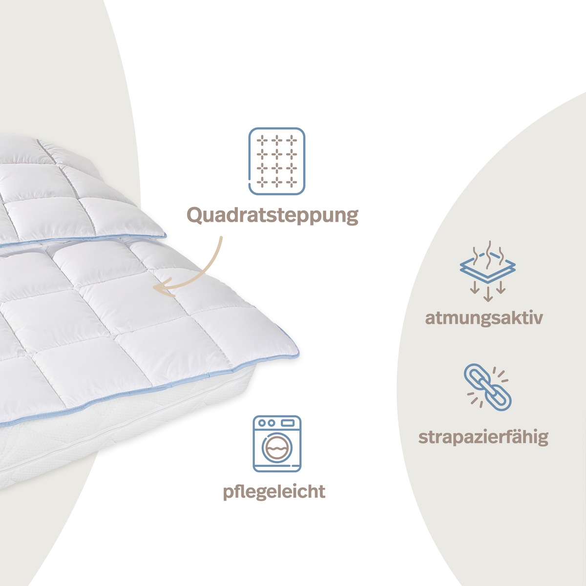 PROCAVE TopCool kochfeste Qualitäts-Ganzjahresdecke, Infografik mit Icons — Quadratsteppung für gleichmäßige Füllung, pflegeleicht, atmungsaktiv und strapazierfähig