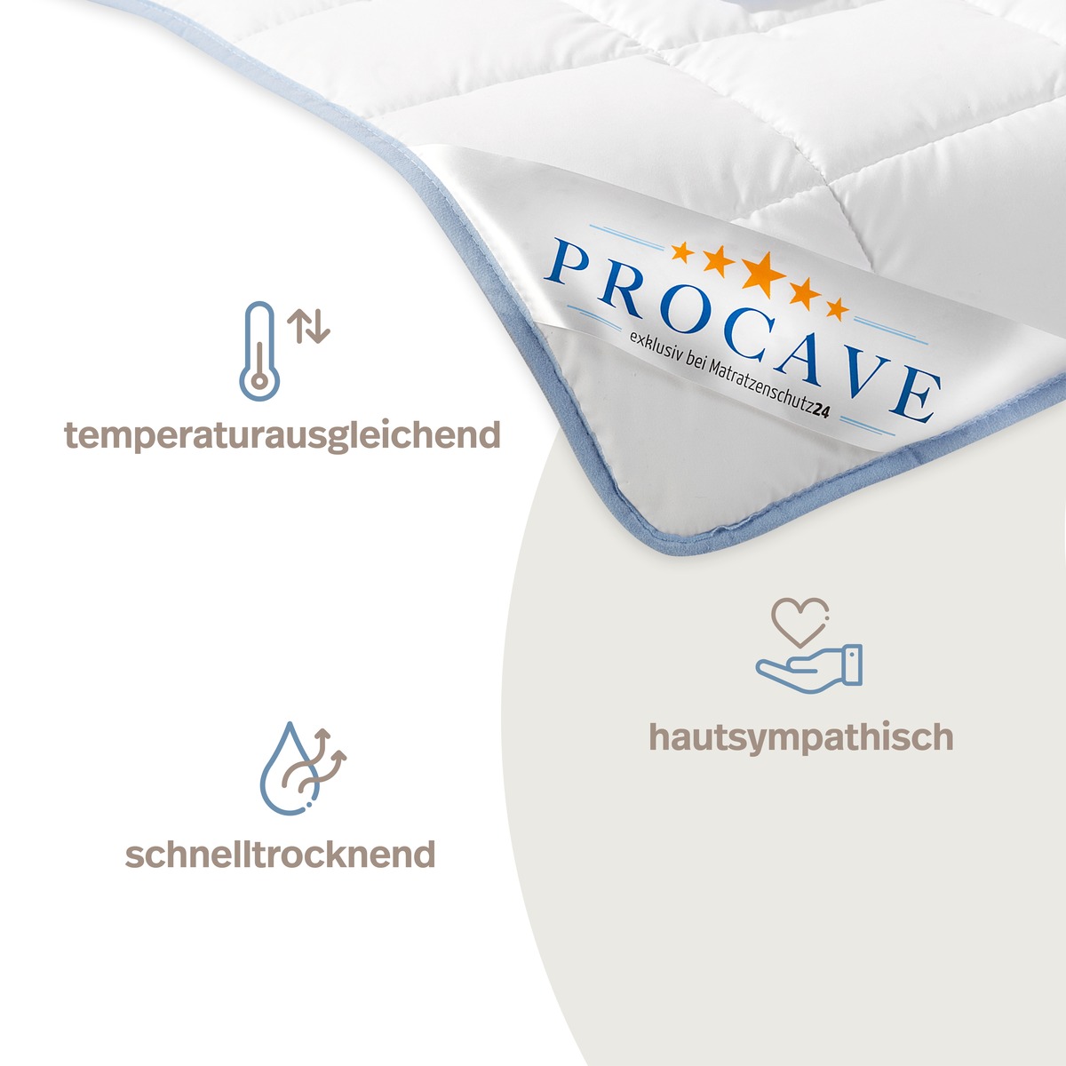 PROCAVE TopCool kochfeste Qualitäts-Sommerbettdecke — Infografik mit PROCAVE-Label: Icons für temperaturausgleichend, schnelltrocknend und hautsympathisch