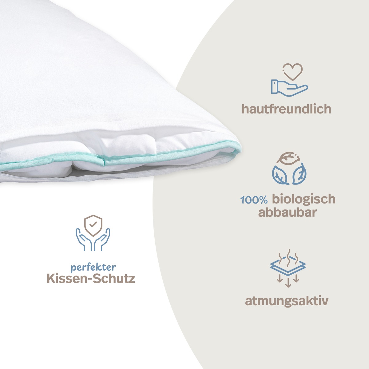 PROCAVE Feinflanell Schutzbezug für Seitenschläferkissen — Infografik: hautfreundlich, 100% biologisch abbaubar, atmungsaktiv, perfekter Kissen-Schutz