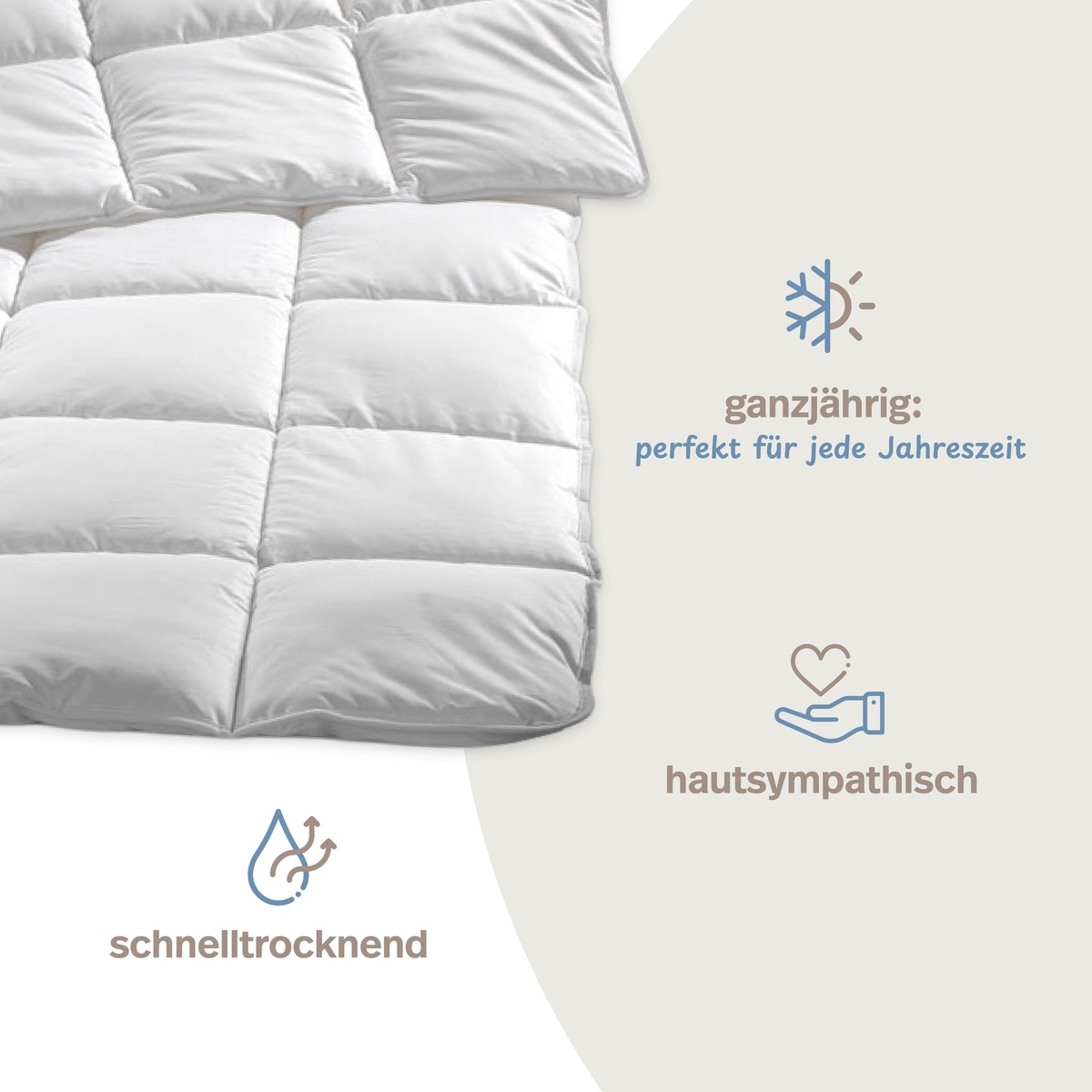 PROCAVE MICRO-COMFORT Ganzjahresdecke Nahaufnahme mit Icons: ganzjährig perfekt für jede Jahreszeit, schnelltrocknend, hautsympathisch — Produktvorteile auf einen Blick
