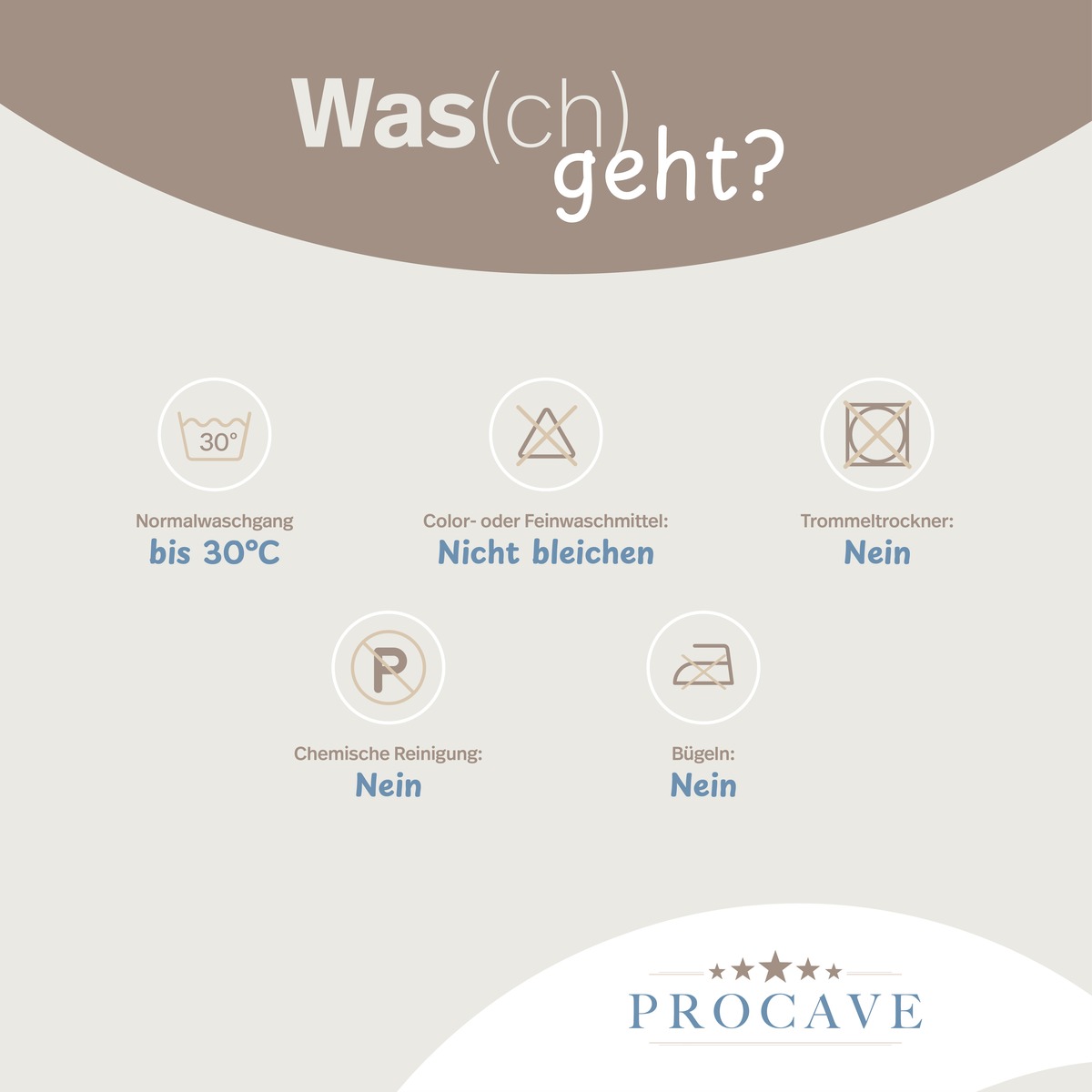 Pflegehinweise Aufbewahrungstasche für Decken, Kissen und Bettwaren von PROCAVE – Waschsymbole: Normalwaschgang bis 30 °C, Color- oder Feinwaschmittel (nicht bleichen), Trommeltrockner nein, Bügeln nein, Chemische Reinigung nein