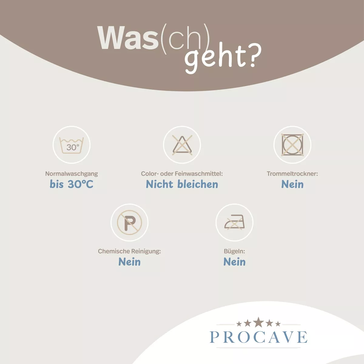 PROCAVE Liebesbrücke mit Silver-Protect-Bezug — Pflegeinfografik: Normalwaschgang bis 30°C, nicht bleichen, Trockner Nein, Chemische Reinigung Nein, Bügeln Nein