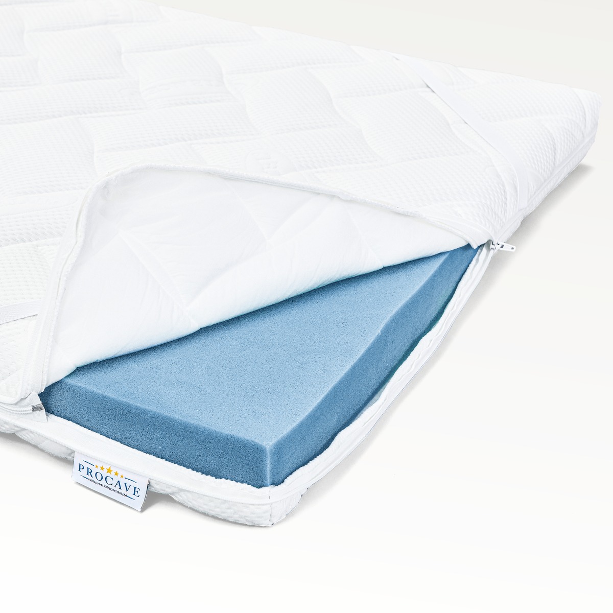 PROCAVE Kaltschaumtopper Premium — Produktfreisteller auf Matratze liegend, frontale Ansicht mit Lyocell-Bezug sichtbar