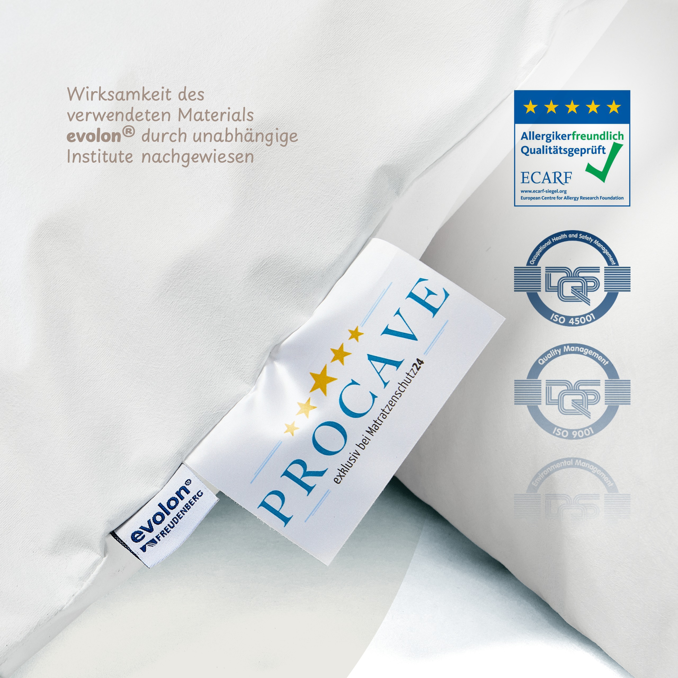 Evolon® Markenlabel und ECARF-Qualitätssiegel auf dem PROCAVE ALLERGENA Bettdeckenbezug