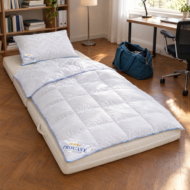 Cremefarbene klappbare Gästematratze auf dem Boden eines Arbeitszimmers mit weißer TopCool Ganzjahresdecke und Kopfkissen