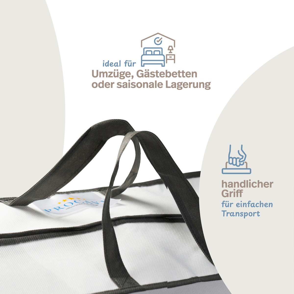 PROCAVE Aufbewahrungstasche für Decken-Kissen-Bettwaren — Infografik: ideal für Umzüge, Gästebetten oder saisonale Lagerung, handlicher Griff