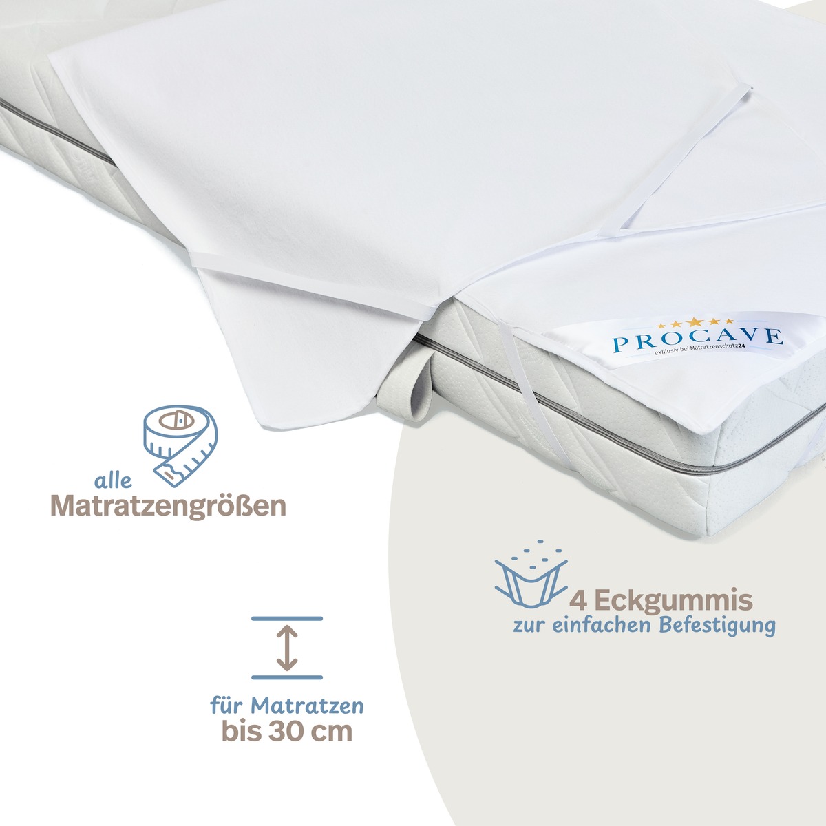 PROCAVE wasserdichte Premium Matratzen-Auflage 3-lagig, Ecke auf Matratze gespannt — Infografik: alle Matratzengrößen, für Matratzen bis 30 cm, 4 Eckgummis zur einfachen Befestigung