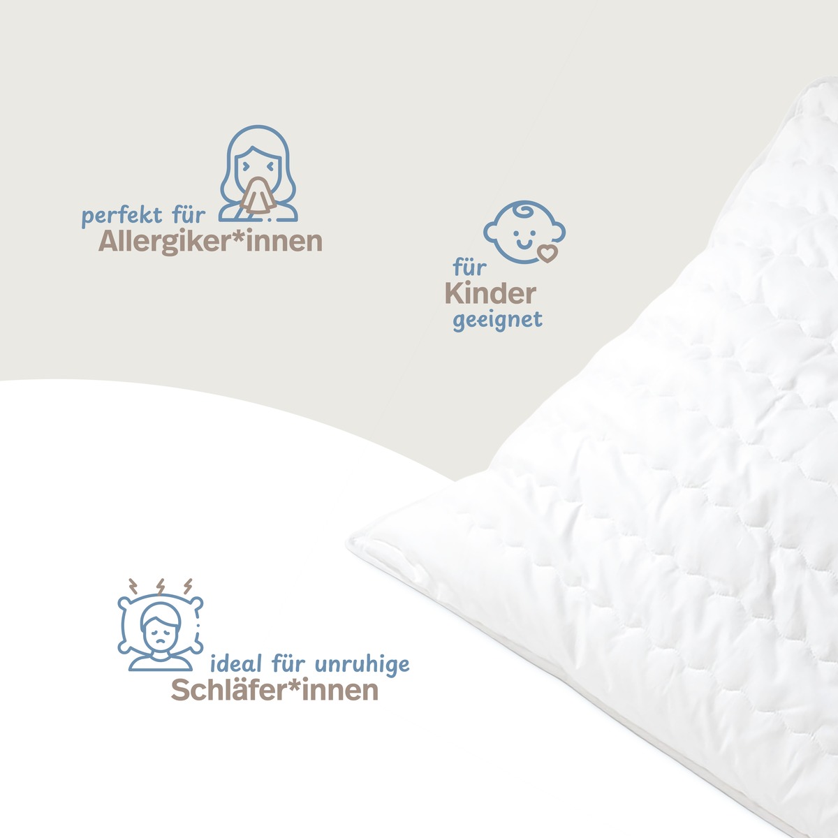 PROCAVE MICRO-COMFORT Kissen versteppt Infografik — perfekt für Allergiker*innen, für Kinder geeignet, ideal für unruhige Schläfer*innen