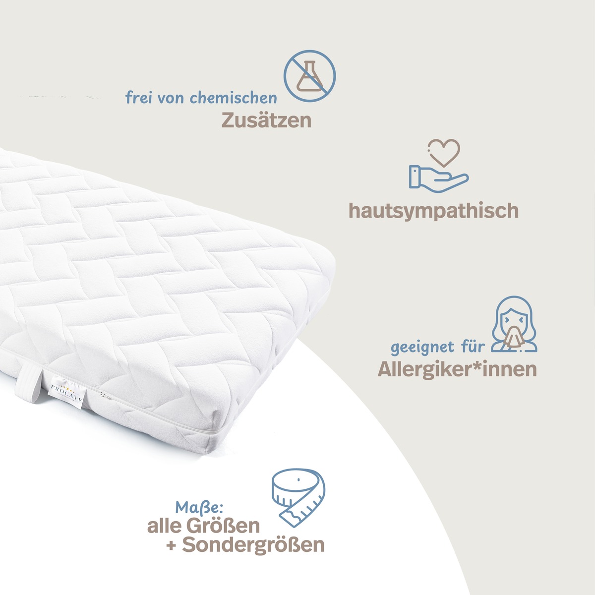 PROCAVE Frottee Matratzenbezug versteppt Infografik — frei von chemischen Zusätzen, hautsympathisch, geeignet für Allergikerinnen, alle Größen und Sondergrößen erhältlich