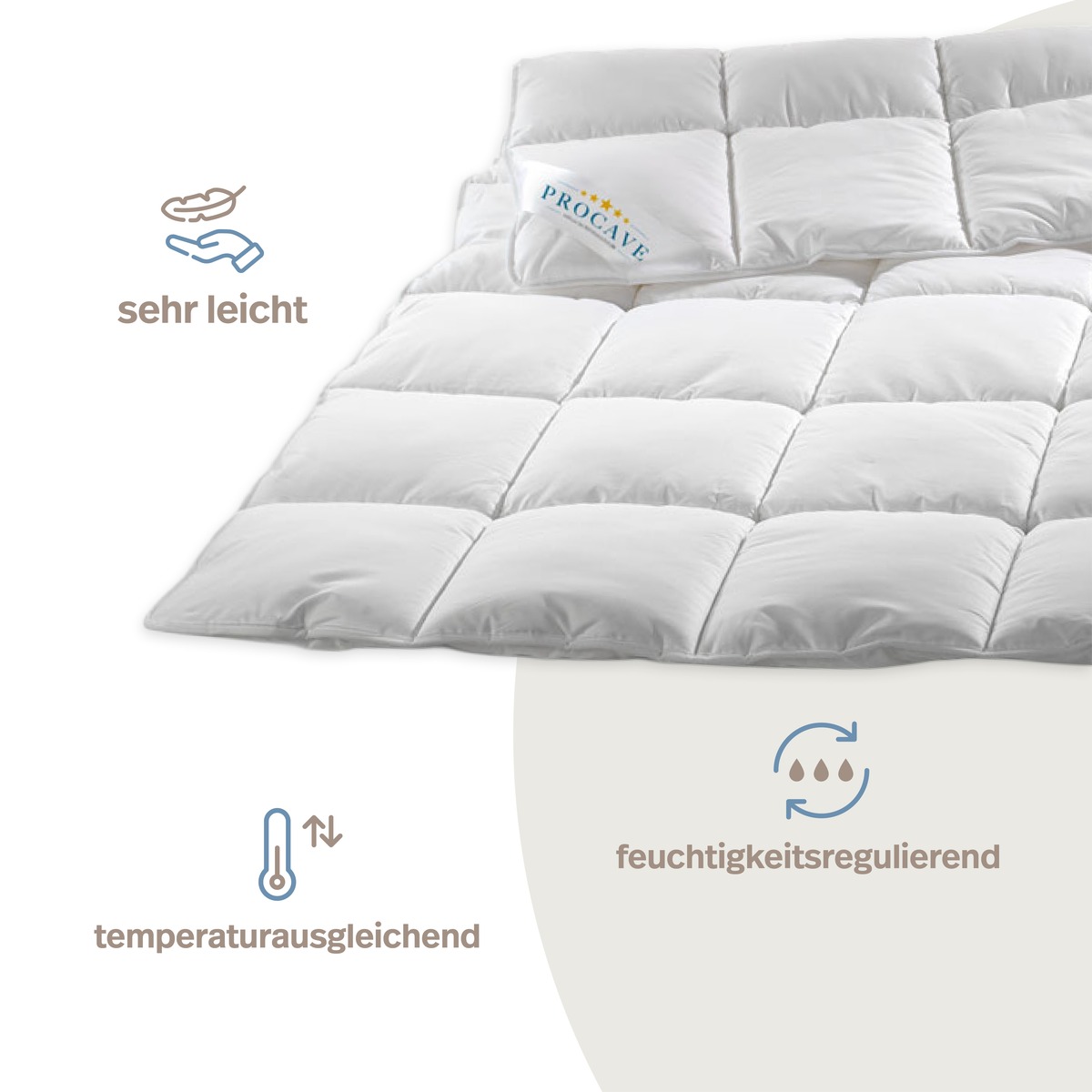 PROCAVE MICRO-COMFORT Ganzjahresdecke auf dem Bett mit Icons: sehr leicht, temperaturausgleichend, feuchtigkeitsregulierend — ausgeglichenes Schlafklima das ganze Jahr