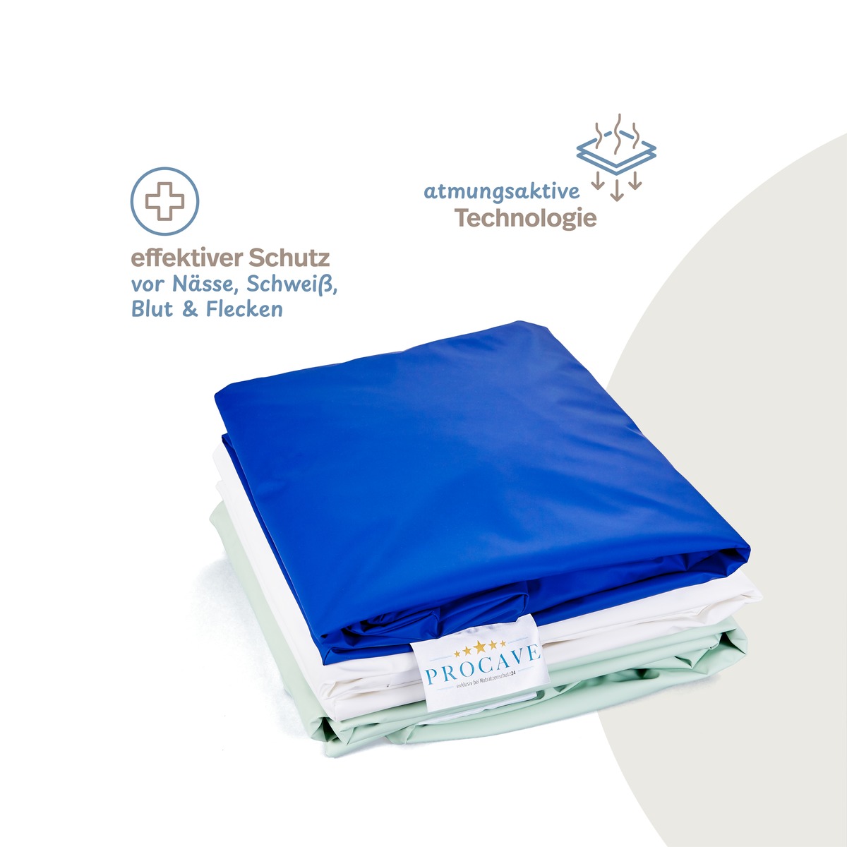 PROCAVE wasserdichtes Spannbettlaken abwischbar in Blau &mdash; Infografik: effektiver Schutz vor N&auml;sse, Schwei&szlig;, Blut und Flecken, atmungsaktive Technologie