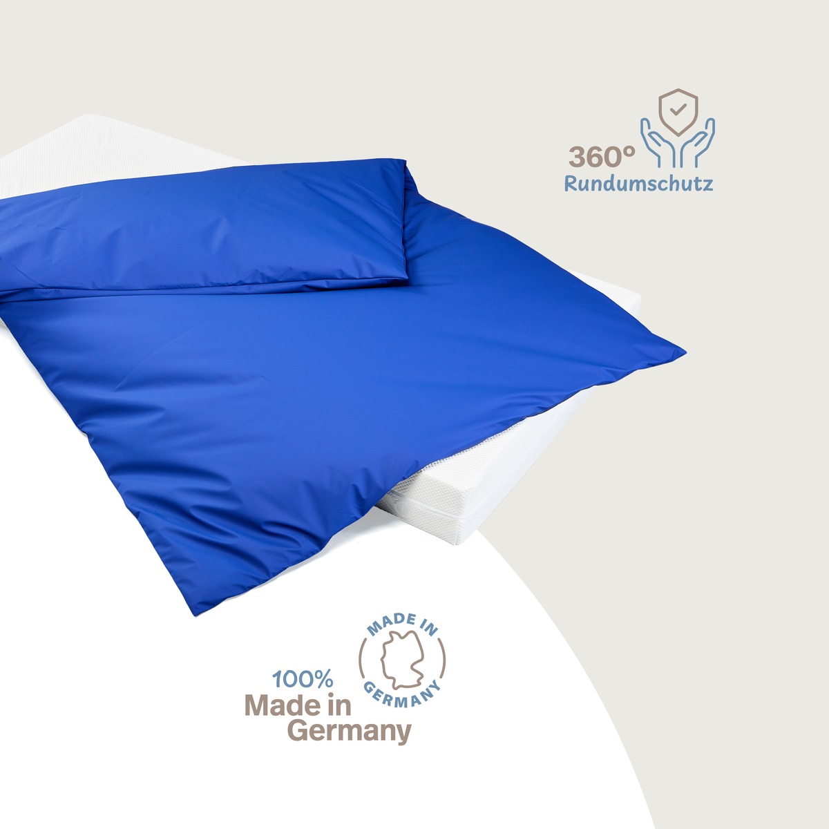 PROCAVE wasserdichter Inkontinenz Bettdeckenbezug blau — Bettdeckenbezug auf Matratze mit Icons: 360° Rundumschutz und Made in Germany