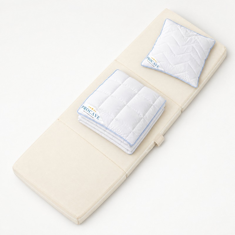 Draufsicht auf die ausgeklappte dreiteilige Gästematratze in Creme mit gefalteter TopCool Ganzjahresdecke und Kopfkissen