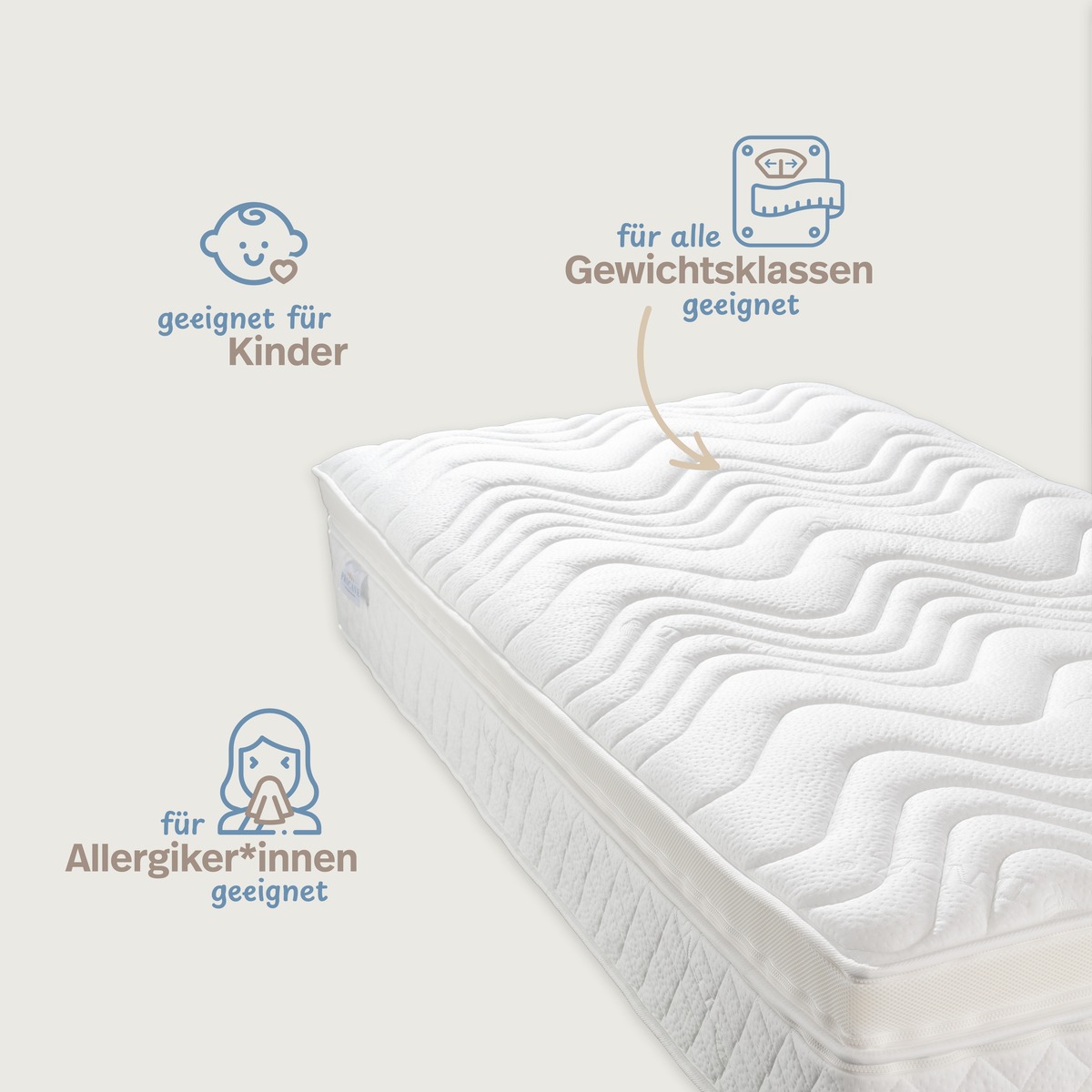 PROCAVE LUXI Boxspringmatratze — Infografik geeignet für Kinder, Allergiker*innen und alle Gewichtsklassen