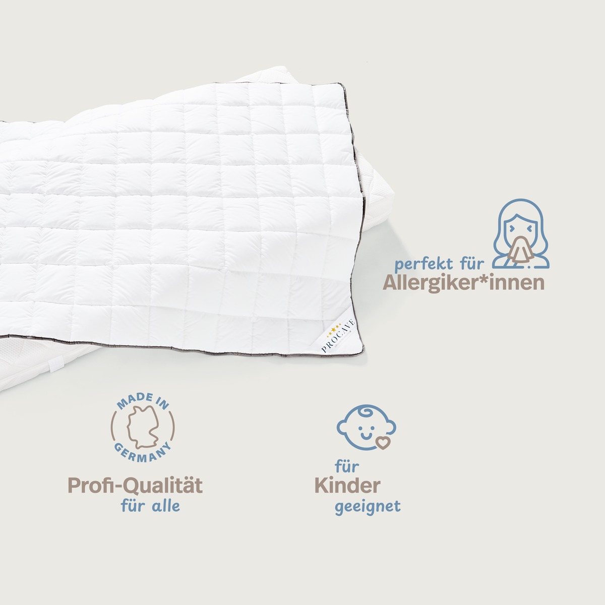 PROCAVE OBJEKT Bettdecke kochfest Hotel-Qualität — Infografik: perfekt für Allergiker*innen, Made in Germany Profi-Qualität, für Kinder geeignet