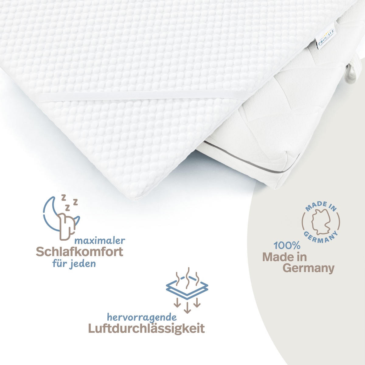 PROCAVE Kaltschaumtopper Classic — Infografik zeigt Schlafkomfort-Merkmale: maximaler Schlafkomfort für jeden, hervorragende Luftdurchlässigkeit, Made in Germany