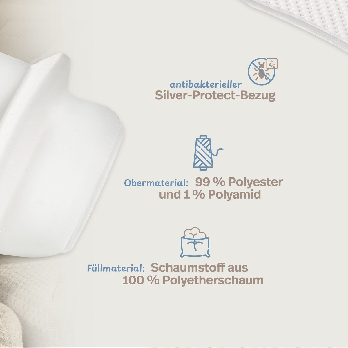 PROCAVE Liebesbrücke mit Silver-Protect-Bezug — Infografik: antibakterieller Silver-Protect-Bezug, Obermaterial 99 % Polyester und 1 % Polyamid, Füllmaterial 100 % Polyetherschaum
